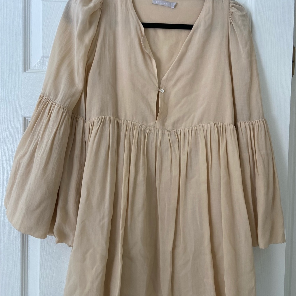 INDAH XS Lyocell Babydoll Tunic Dress Beige Puff Sleeve Boho